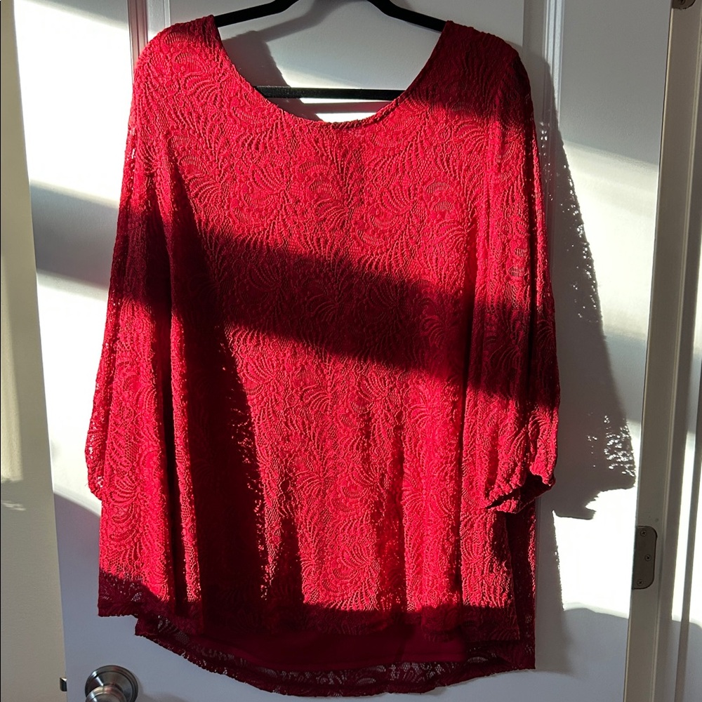 Roz & Ali Lined Lace Blouse w/Sheer-Lace Sleeves & Open-Bow Back